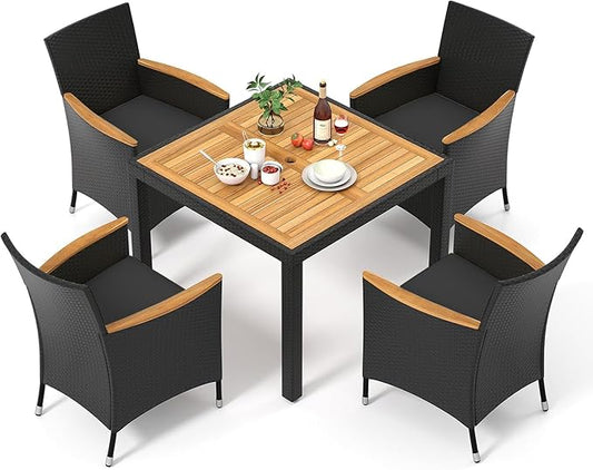 Tangkula 5 Pieces Patio Dining Table Set for 4, Rattan Conversation Set with Umbrella Hole, Seat Cushions & Acacia Wood Tabletop, Outdoor Dining Table with 8 Chairs for Backyard (Black)