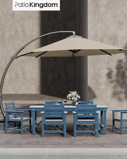 7-Piece Navy Blue HDPE Patio Table and Chairs Set, Weather Resistant Outdoor HDPE Dining Table Sets with Umbrella Hole for Lawn, Garden, Deck, Poolside, Balcony