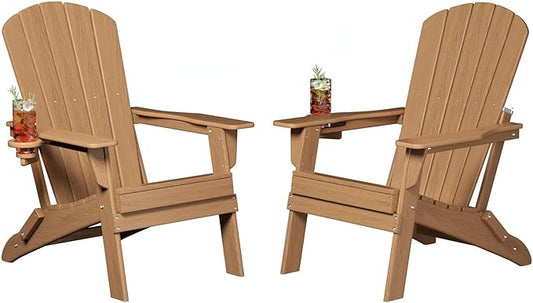 Plawdlik Folding Adirondack Chair, Cup Holder,SGS Tested, Wooden Textured, Heavy All-Weather HDPE Comfortable Set Poolside Backyard Lawn Teak Set 2