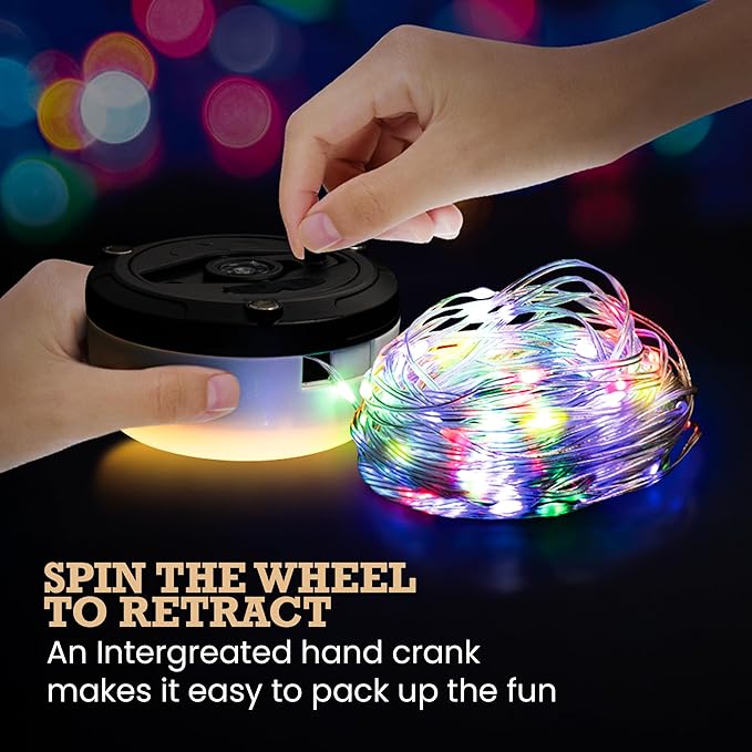 Bell+Howell 32 Ft Retractable Camping String Lights with Flash Light & Hanging Hook, LED Color Changing for Backyard, Holidays, Portable String Lights Outdoor Waterproof IP65, USB-C Cable Included