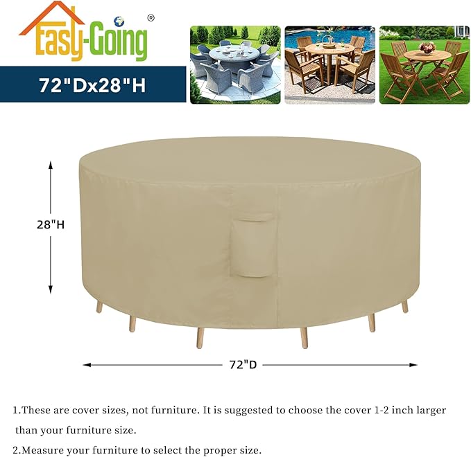 Easy-Going Round Patio Furniture Cover Waterproof Outdoor Dining Table and Chair Cover Anti-UV Outside Sectional Sofa Set Covers (72"DIA x 28"H, Camel)
