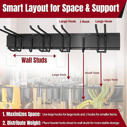 66" Garage Tool Organizer Wall Mount,20 PCS Wall Mounted Garden Tool Storage Rack Carries 720lbs, 4-Panel Steel Tool Hanger System for Shovels Rakes Brooms – Fits 16" Wall Studs
