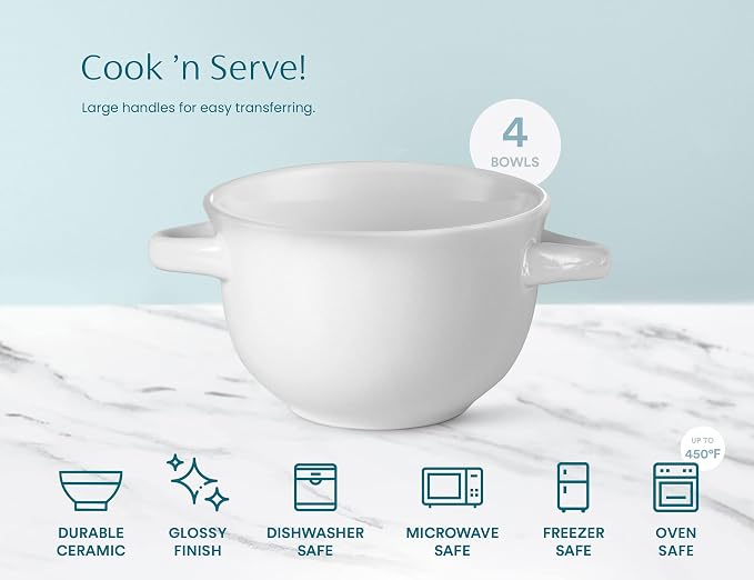 KooK Soup Bowls, French Onion Crocks, Oven Safe Dishware, Mugs, Ceramic Set, Dishwasher, Microwave, Set of 4, 18 oz (White)