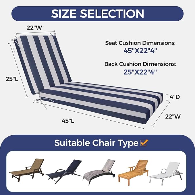 Outdoor Chaise Lounge Cushion - Waterproof & Fade Resistant Patio Lounger Cushions with Removable Cover for Pool, Deck, Lawn .70 x 22 x 4 Inch (Sapphire Blue Cabana Stripe)