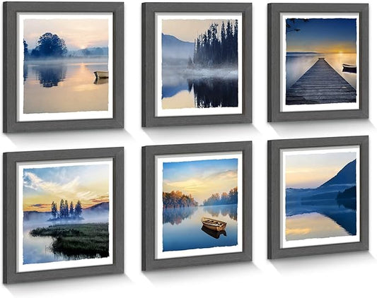 Framed Lake Landscape Wall Art: 6 Pieces Mountain Scenery Photos Prints Frames Nature Forest Painting Modern Various Stunning View Artwork Relaxing Sunset Picture for Bedroom Office