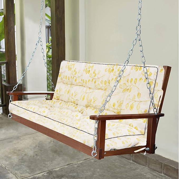 Swing Replacement Seat Cushions, 2-3 Seater Bench Cushions for Outdoor Furnitur with Backrest, Garden Recliner Seat Cushions Waterproof Sofa Pads (Yellow Leaves, 63x40in)