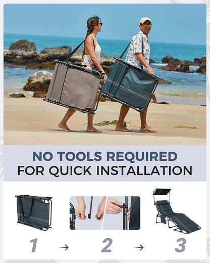 KingCamp 2 Pack Tanning Chair with Face Hole, Lounge Chairs Outdoor Folding Portable Comfy Adjustable 5-Position Foldable Chaise Chaser with Canopy Shade for Outside Beach Patio, Grey