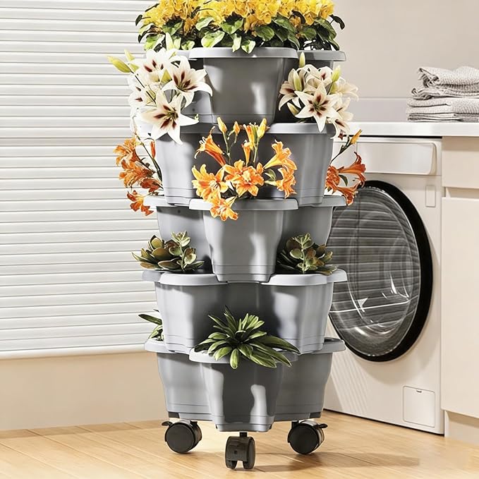 Vertical Planter 6 Tier Stackable Planter Garden Pots, Strawberry Vertical Pots, Stacking Tower Garden, Stackable Herb Flower Vegetable FlowerPots Indoor Outdoor with Removable Wheels