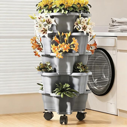 Vertical Planter 6 Tier Stackable Planter Garden Pots, Strawberry Vertical Pots, Stacking Tower Garden, Stackable Herb Flower Vegetable FlowerPots Indoor Outdoor with Removable Wheels