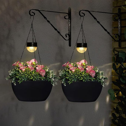 BAYN 2 Packs Solar Hanging Basket Planters for Plants Outdoor, Self Watering Black Flower Plants Pots with Solar Light Drainer for Balcony Patio Garden Outdoor Decoration