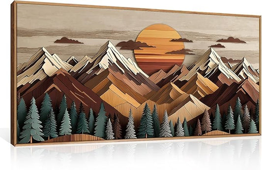 KAIRNE Woodcut Style Mountain Framed Canvas Wall Art Set,Wooden Pine Tree Wall Decor,Vintage Forest Landscape Art Prints,Nature Sunrise Artwork for Living Room,Bedroom,Farmhouse,Office-40 x20 x1