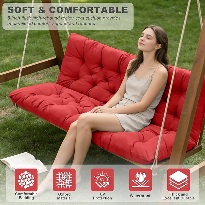Porch Swing Cushions,Outdoor Cushions 3 Seater Replacement with Backrest, Waterproof Thickened Bench Cushion with Ties for Porch, Patio,Outdoor, Backyard and Garden (Red 40 * 40 in)