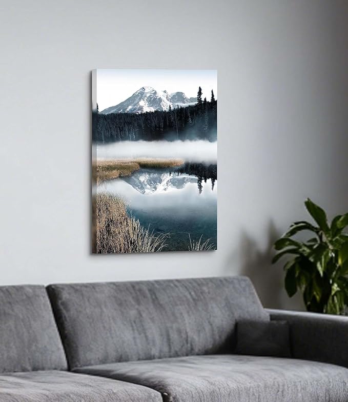 arttitue Nature Canvas Wall Art Bedroom: Lake Landscape Print Decor Misty Forest Scene Picture Mountain Natural Scenery Artwork Painting for Bathroom Home Living Room