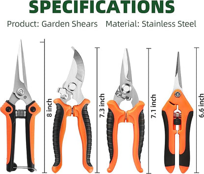 4 Pack Garden Pruning Shears, Stainless Steel Garden Shears, Gardening Shears, Garden Scissors, Clippers, Pruning Snips, Pruning Shears for Gardening Tools (Orange)