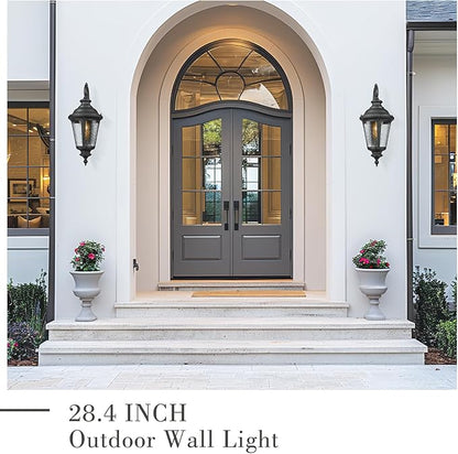 Emliviar 28.4" Large Outdoor Wall Lantern, Farmhouse Exterior Porch Light for House, Black Finish with Water Ripple Glass, XE265B-SW BK