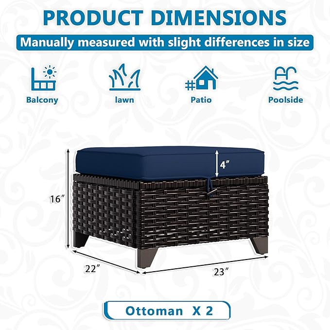 VistaVibe 2 Pieces Patio Wicker Ottomans, Luxurious Footstools, Outdoor Small Footrest, Wicker Furniture with Removable Cushions,All-Weather PE Rattan, Garden, Backyard, Porch(Brown/Navy)