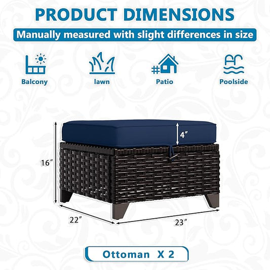 VistaVibe 2 Pieces Patio Wicker Ottomans, Luxurious Footstools, Outdoor Small Footrest, Wicker Furniture with Removable Cushions,All-Weather PE Rattan, Garden, Backyard, Porch(Brown/Navy)