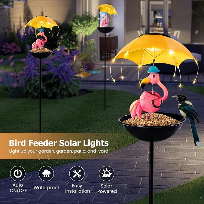 Solar Bird Feeder Garden Decor, Outdoor Solar Lights with Umbrella, Hummingbird Feeder Decorative Path Lights Yard Art Ornament Bird Feeder (Flamingo)