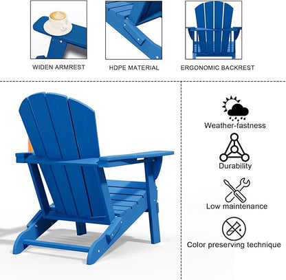 Folding Adirondack Chairs with Cup Holders, Set of 6 HDPE Plastic Outdoor Chairs, Weather Resistant, Real Wood Look, Heavy-Duty Patio Furniture for Deck, Fire Pit, Backyard, Blue