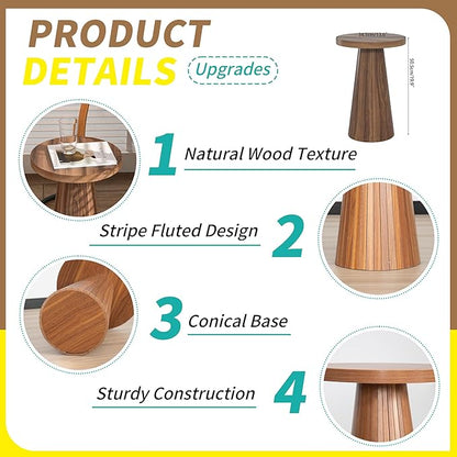 Small Round Pedestal Side Table, Wooden End Table for Living Room, Fluted Drink Table for Small Space, Modern Plant Stand Accent Table for Sofa Couch, 13.6 inch (Walnut)