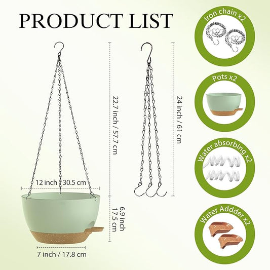 12 Inch Hanging Baskets 2 PC with Chains, Self-Watering Hanging Planters for Indoor Outdoor Plants, Plastic Hanging Flower Pots,Green Brown