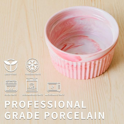 Yundu 4.5 Ounce Pink Marble Ceramic Ramekins - Perfect for Creme Brulee, Oven Safe Baking Bowls - Set of 6