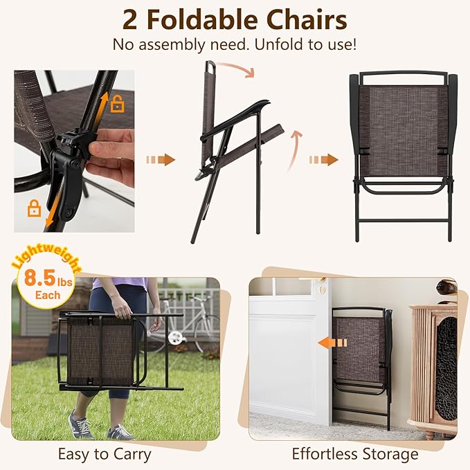 Goplus Patio Bistro Set, 3-Piece Patio Dining Furniture Set with Round Tempered Glass Table, 2 Foldable Chairs, Small Outdoor Folding Chairs & Table Set for Porch Garden Pool Yard