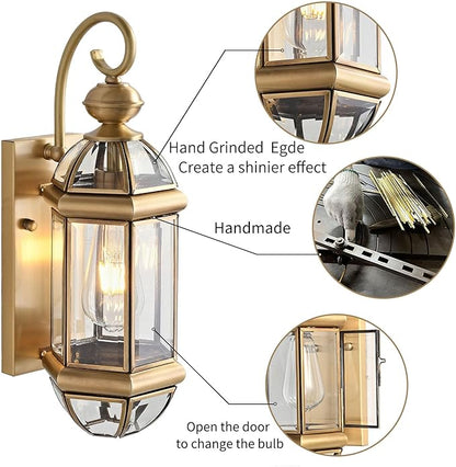 Milaii 17" H Copper Brass Outdoor Wall Light Exterior Lantern Gold Light Fixtures Outside Porch Lights IP65 Waterproof Paito Wall Mount Lighting for House