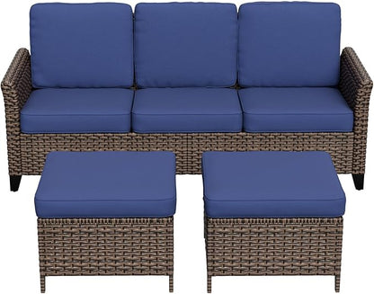 Canyon Ridge Wicker Patio Sofa with 2 Ottomans, Small Balcony Furniture, Outdoor Furniture Set, 3 Seat Couch, Brown/Blue