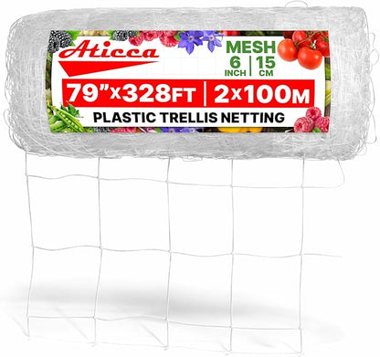 ATICCA Plastic Trellis Netting 79" x 328 ft Heavy Duty Plant Support Netting White - 6 Inch Garden Trellis on Roll - Mesh for Growing Vine Climbing Plants, Flowers, Peas, and Cucumber
