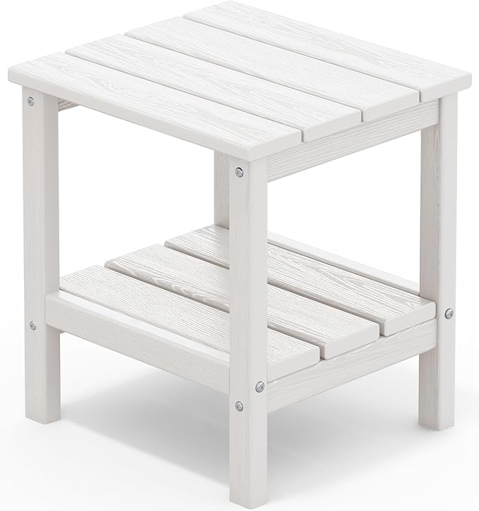 SERWALL 2-Tier HDPE Outdoor Side Table with Umbrella Hole, Weatherproof Rectangular Adirondack Side Table, White