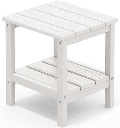 SERWALL 2-Tier HDPE Outdoor Side Table with Umbrella Hole, Weatherproof Rectangular Adirondack Side Table, White