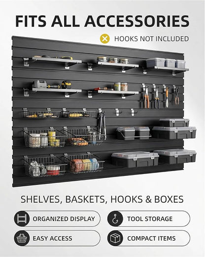 FRAYSCENT Slat Wall Paneling Garage Slat Wall Storage Systems Slatwall Panels Power Tool Organizer Wall Mount, PVC Garage Storage & Organization Products Slate Board (Black, 8ftx4ft with 2H Trim)