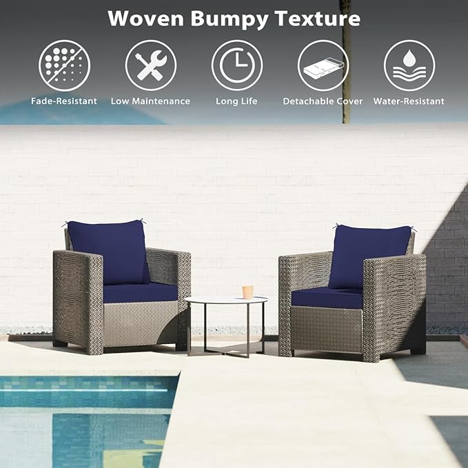 Sundale Outdoor Olefin Deep Seat Cushion Set of 2, Patio Chair Cushion and Pillow, Water-Resistant Sectional Sofa Pad with Straps Navy Blue, 24 x 24 x 4 Inches