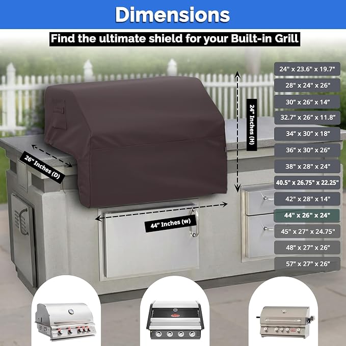 Covers & All Built-in Grill Cover for Outdoor Grill – Heavy Duty 12 oz Waterproof Built-in BBQ Grill Cover, PVC-Coated Polyester with Elastic Hem for Snug Fit (44 x 26 x 24 inches, Coffee)