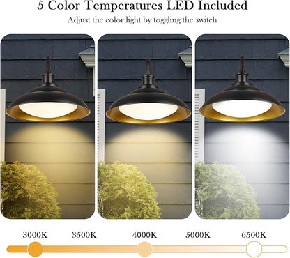 LED Outdoor Barn Lights, 12 Inch Farmhouse Exterior Wall Light Fixtures with Adjustable Color Temperature, Black Porch Lights Outside for House, Outdoor & Indoor, Gold Interior, 2 Pack