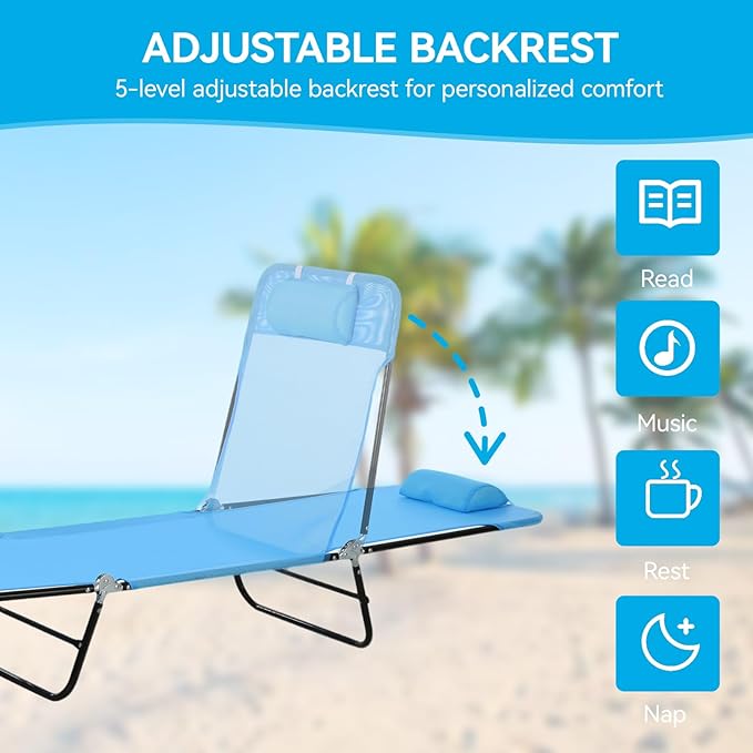Outdoor Chaise Lounge with Detachable Pillow, Reclining Folding Chair with 5-Position Adjustable Back, Portable Tanning Chair for Beach, Pool, Lawn, Breathable Mesh Seat, No Assembly
