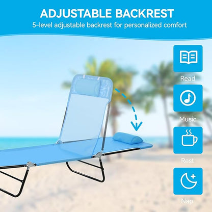 Outdoor Chaise Lounge with Detachable Pillow, Reclining Folding Chair with 5-Position Adjustable Back, Portable Tanning Chair for Beach, Pool, Lawn, Breathable Mesh Seat, No Assembly