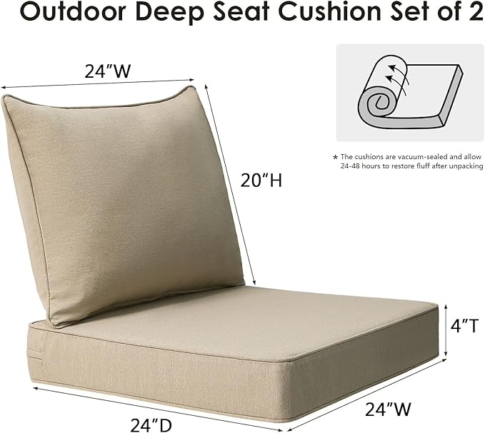 Outdoor Patio Chair Cushions Set, 24" x 24", Set of 2, Water-Repellent, Fade Resistant, Deep Seat Bottom and Back Cushion for Backyard, Couch, Sofa and Patio Furniture, Tan