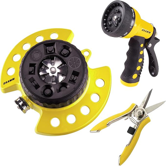 DRAMM Watering and Tool Set Includes 9-Pattern Revolver Spray Gun, 9-Pattern ColorStorm Turret Sprinkler, and Colorpoint Compact Shear, Yellow
