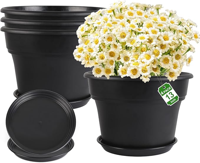 13-inch-Plant-Pots, 4 Pack Large Planters for Outdoor Plants, Plastic Flower Pots Indoor with Drainage Holes & Trays, Classic Garden Pot Container for House
