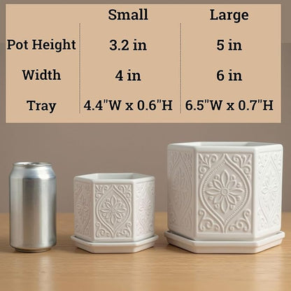 Ceramic Pots for Plants Set of 2 Sizes - 6 Inch and 4 Inch Wide Plant Pots Indoor with Drainage and Saucer - White Planters for Indoor Plants - Ceramic Planter Pot with Tray for Flowers & Houseplants