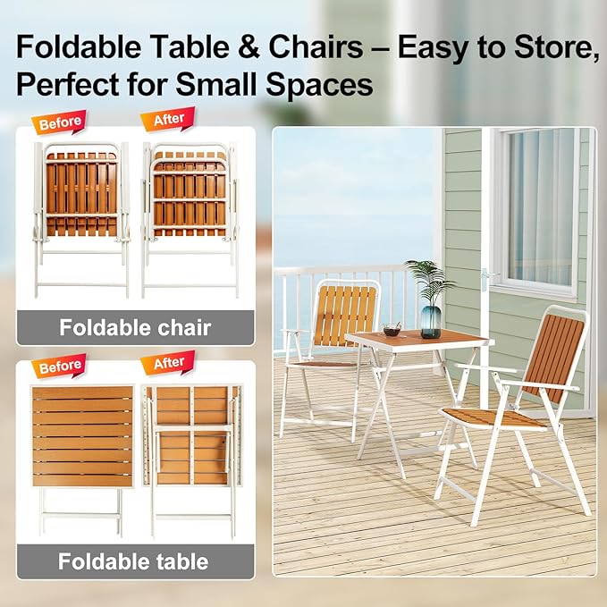 3 Piece Outdoor Bistro Set with Yellow Wood-Look Tabletop, Patio Table and Chairs Set of 2, Folding Small Balcony Furniture for Garden, Deck, Porch, Outdoor Bistro Patio Set