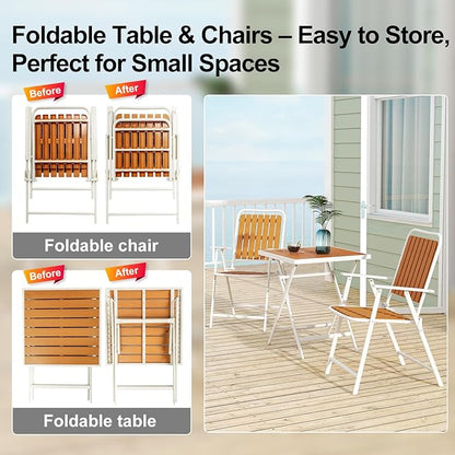 3 Piece Outdoor Bistro Set with Yellow Wood-Look Tabletop, Patio Table and Chairs Set of 2, Folding Small Balcony Furniture for Garden, Deck, Porch, Outdoor Bistro Patio Set