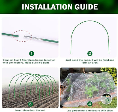 Garden Mesh Netting Kit, 2 Pack 10x30FT White Ultra Fine Netting & 8FT Fiberglass Garden Hoops, Garden Netting with Frame for Raised Beds, Garden Hoops and Netting for Row Cover, Plant Insect Barrier