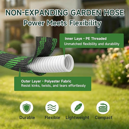 Non-Expandable Garden Hose 25 FT, Heavy-Duty & Flexible Water Hose with 10-Function Nozzle, Kink-Free & Leak-Proof Design, Ultra Lightweight Portable Yard Hose for Lawn, Car, Outdoor Use