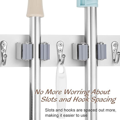 OUTNILI White Mop Broom Holder Wall Mount with 3 Slots & 4 Hooks - Wood Broom Mop Hanger for Pantry Kitchen Organization - Garden Tool Organizer for Closet Laundry Room