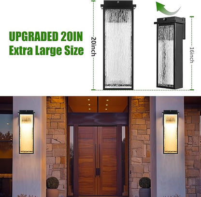20" Extra Large Dusk to Dawn LED Outdoor Light 2 Packs, Black Modern Exterior Lighting Fixtures, Outside Porch Lights Wall Mount, Mid-Century Wall Lantern with Rippled Glass Patio Sconce Lamp