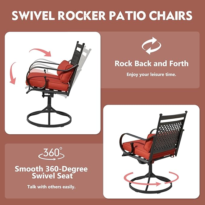 MELLCOM Patio Swivel Chair Set of 2, Heavy Duty Outdoor Dining Chairs with Cushions and Lumbar Pillows, Metal Patio Chairs Gentle Rocker for Outside, Garden Lawn & Porch, Backyard, Red