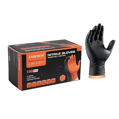 10mil Heavy Duty Nitrile Gloves Large Black Disposable Rubber Gloves with Diamond Grip Anti Chemical Puncture Resistant Mechanics Guantes for Men/Auto repair/Cooking/Food Grade-Latex Free-100